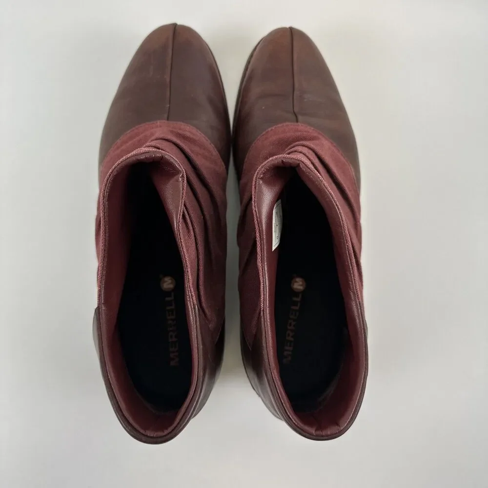 Merrell Adaline Bluff Bootie Maroon Leather Ruched Ankle Pull On Boot Womens 8.5